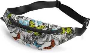 Butterfly Rose Fanny Pack for Women Men Small Running Belt Waist Pouch Bag with Zipper Adjustable Strap Casual Waist Pack Hands-Free Phone Holder with Headphone for Travel Jogging Hiking Walking Cycli