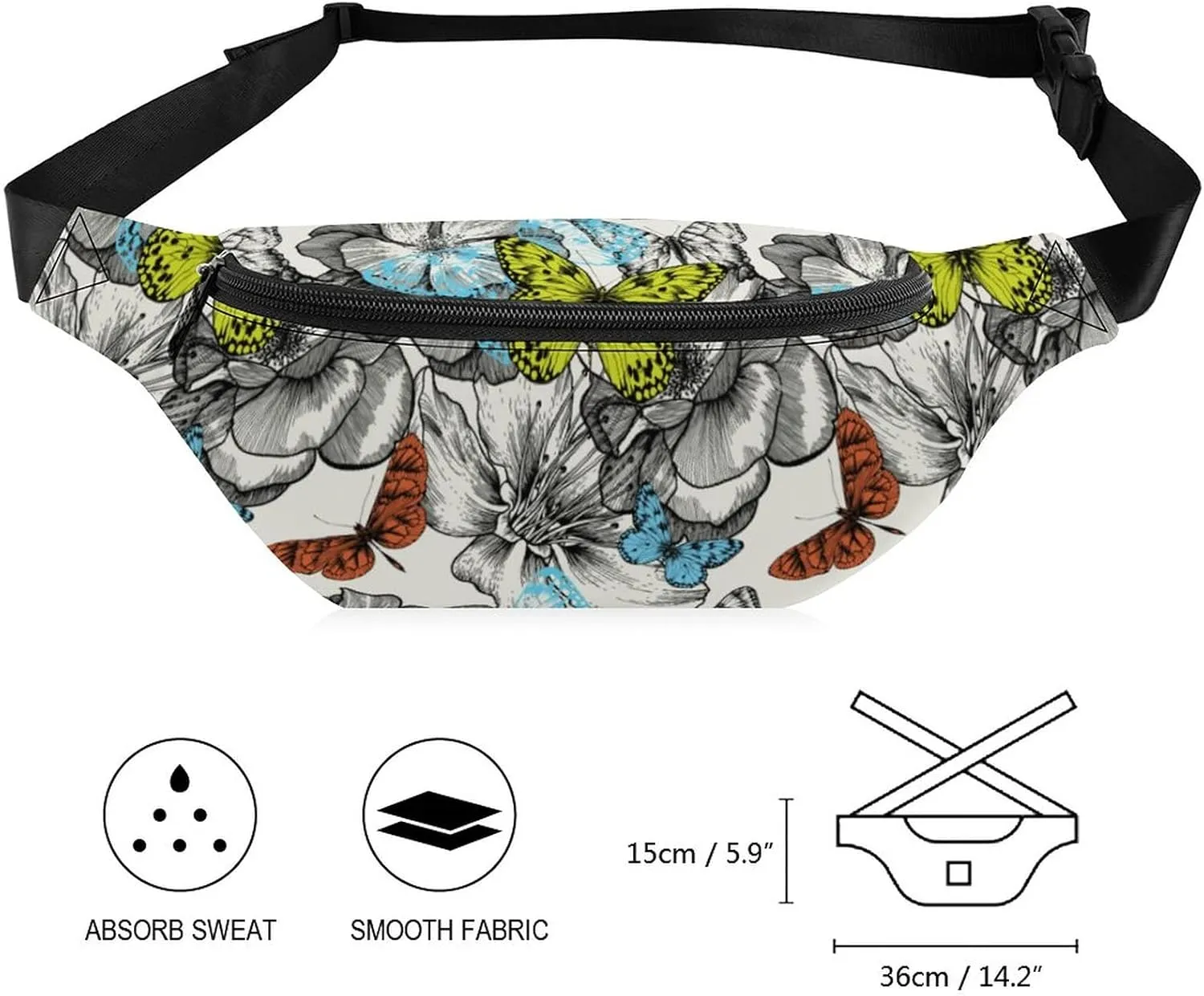 Butterfly Rose Fanny Pack for Women Men Small Running Belt Waist Pouch Bag with Zipper Adjustable Strap Casual Waist Pack Hands-Free Phone Holder with Headphone for Travel Jogging Hiking Walking Cycli