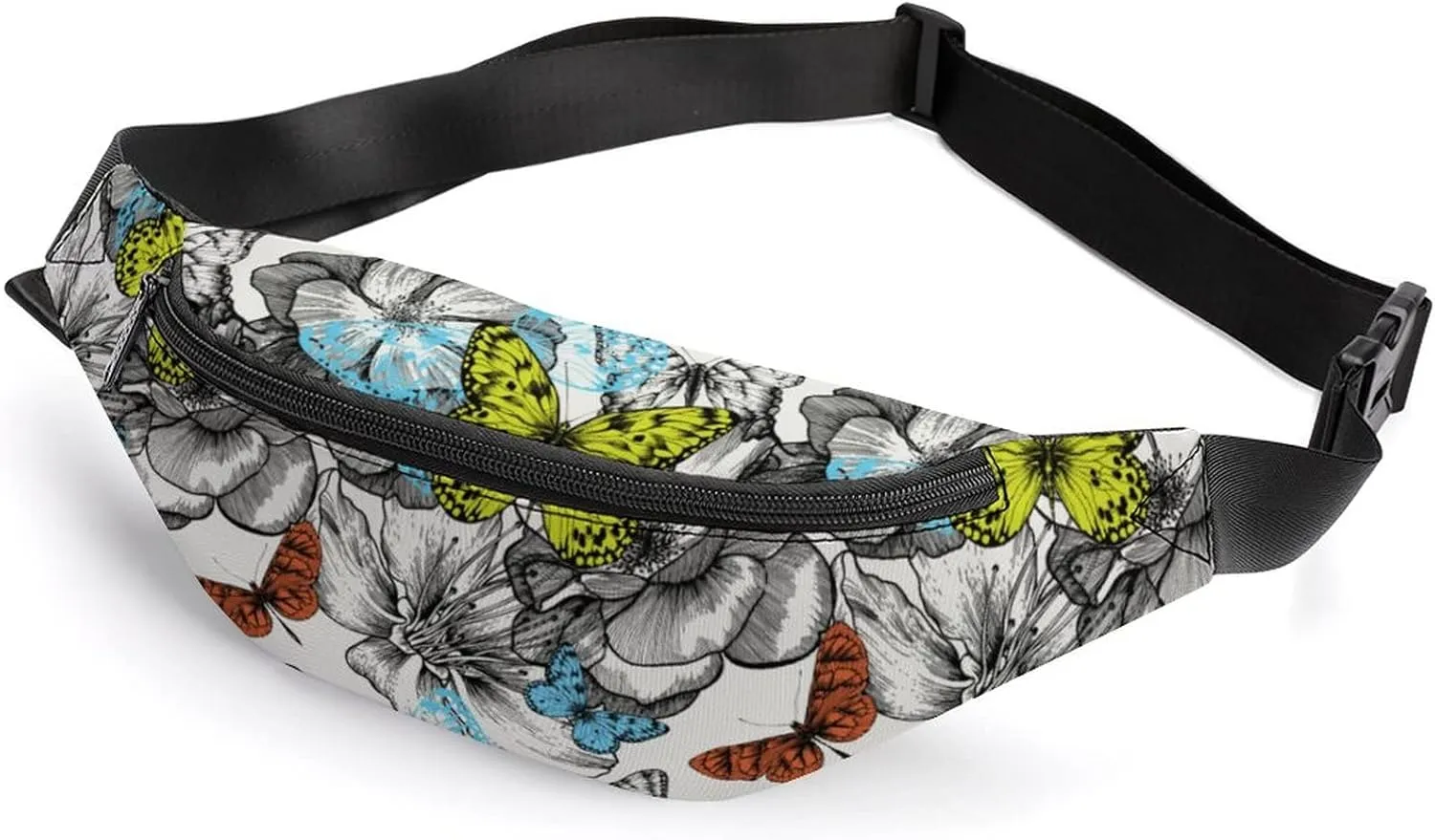 Butterfly Rose Fanny Pack for Women Men Small Running Belt Waist Pouch Bag with Zipper Adjustable Strap Casual Waist Pack Hands-Free Phone Holder with Headphone for Travel Jogging Hiking Walking Cycli