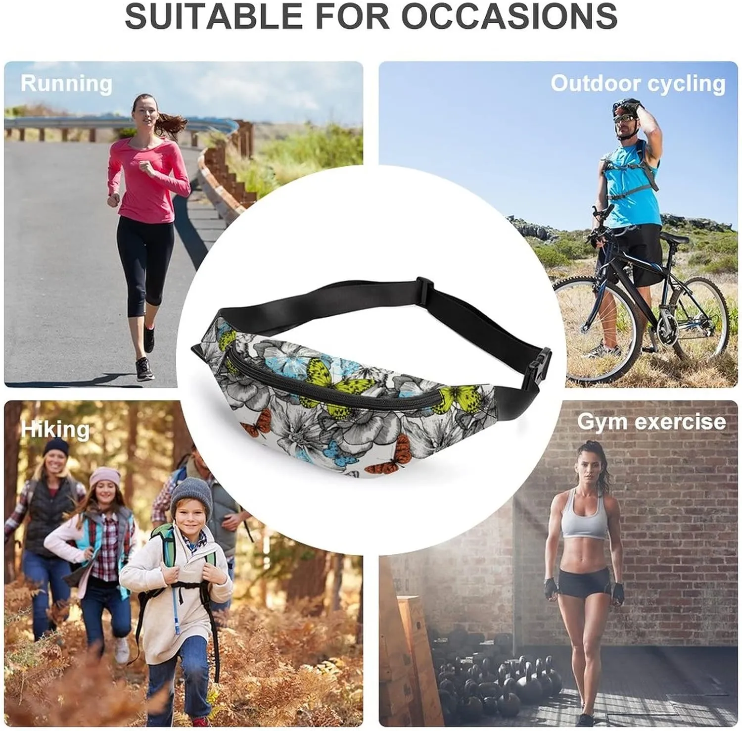 Butterfly Rose Fanny Pack for Women Men Small Running Belt Waist Pouch Bag with Zipper Adjustable Strap Casual Waist Pack Hands-Free Phone Holder with Headphone for Travel Jogging Hiking Walking Cycli