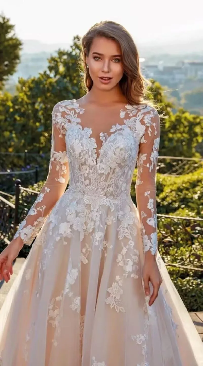 Cadoly Modest Long Sleeve Wedding Dresses for Bride 2025 Fall Women's Ball Gown A-lineTulle Lace Applique Bridal Gown