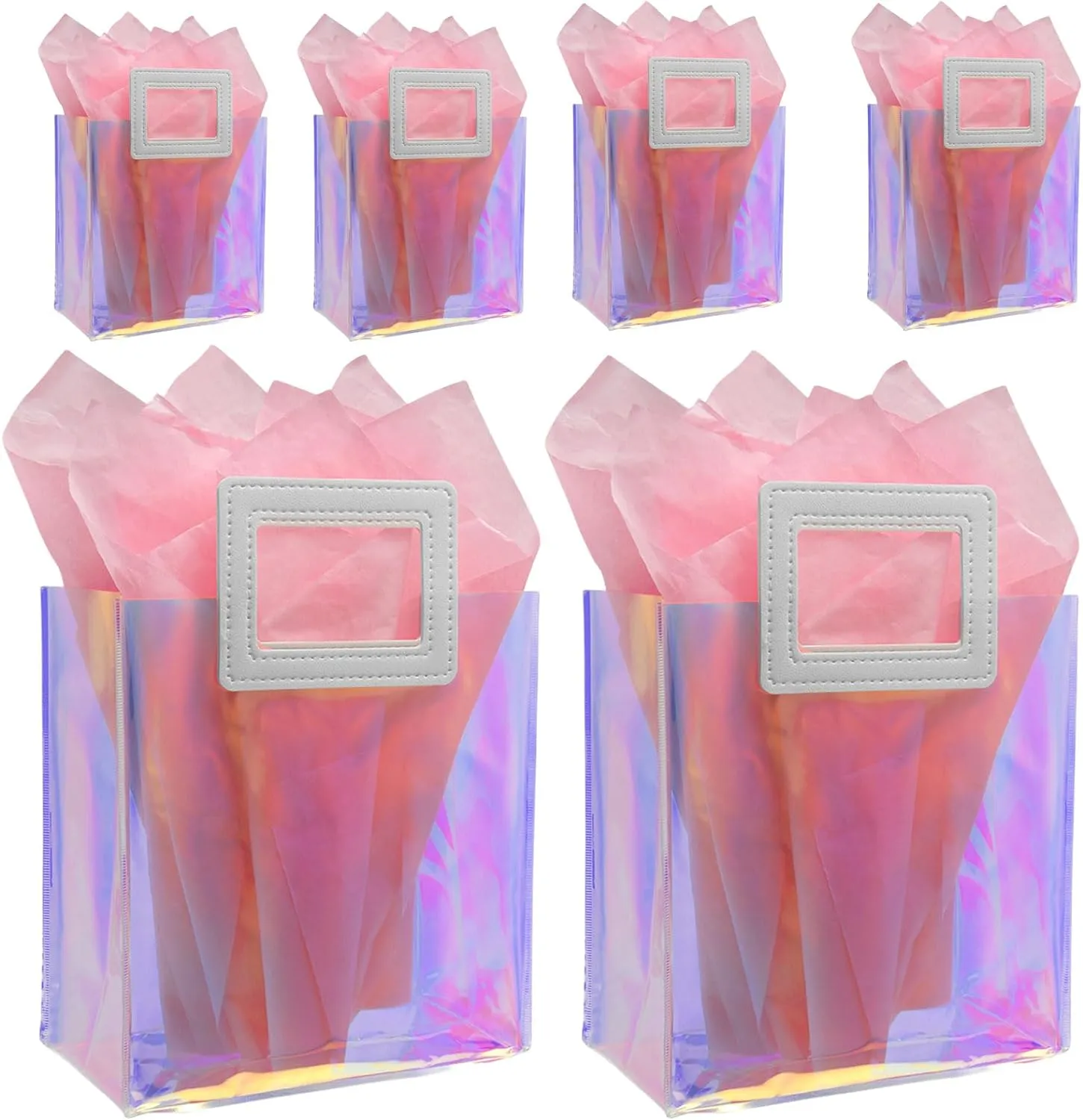 Caleihd 6PCS Holographic Clear Gift Bags with Tissue Paper, 7.9 * 7.1 * 3.9 inch Gift Bags with Handles,Treat Bags Goody Bags,for Christmas, Birthday Party, Weeding Gift Bags Party Supplies