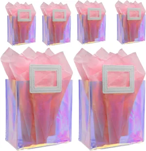 Caleihd 6PCS Holographic Clear Gift Bags with Tissue Paper, 7.9 * 7.1 * 3.9 inch Gift Bags with Handles,Treat Bags Goody Bags,for Christmas, Birthday Party, Weeding Gift Bags Party Supplies