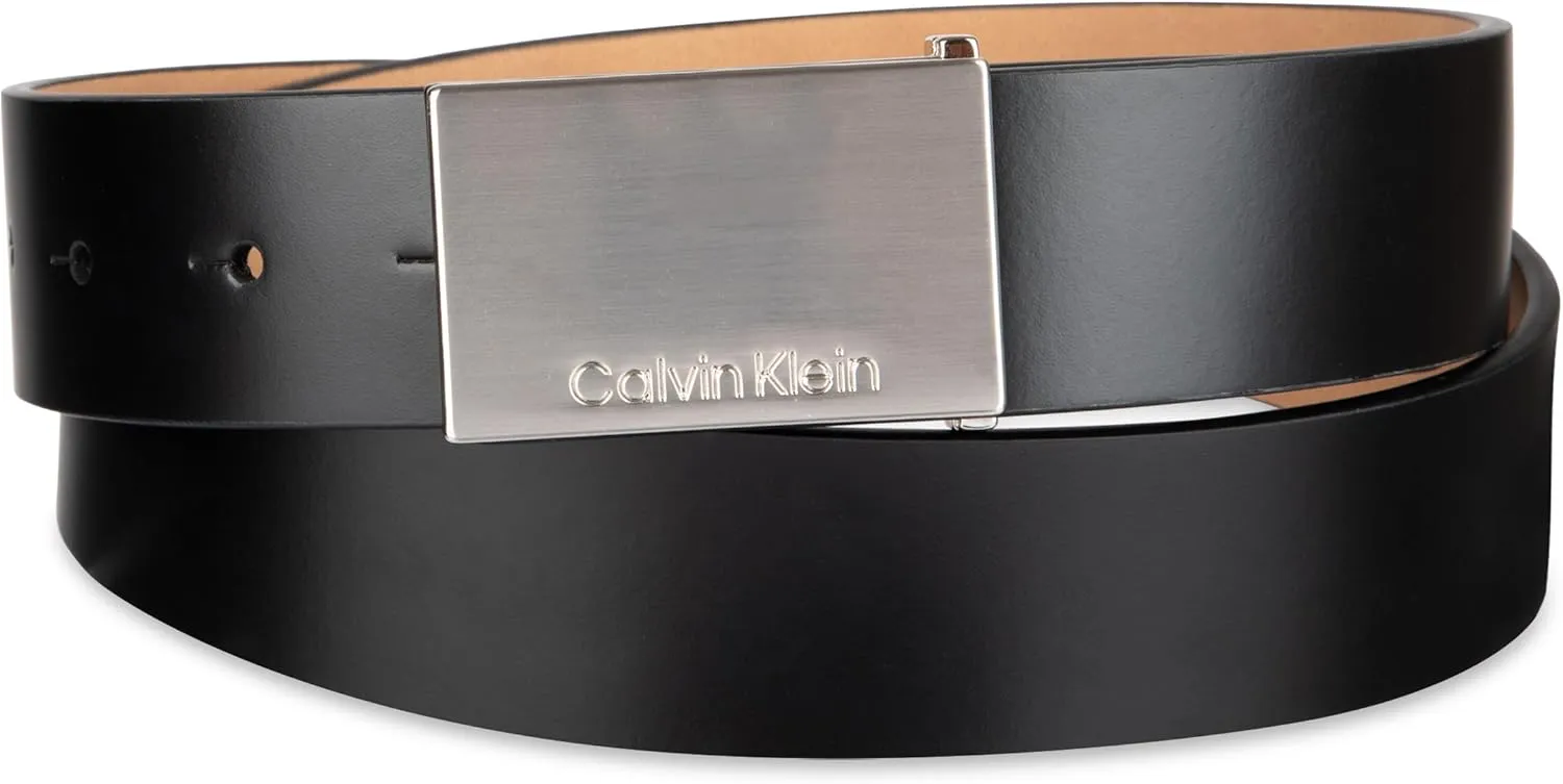 Calvin Klein Men's Casual Statement Plaque Buckle Belt with Logo Treatment