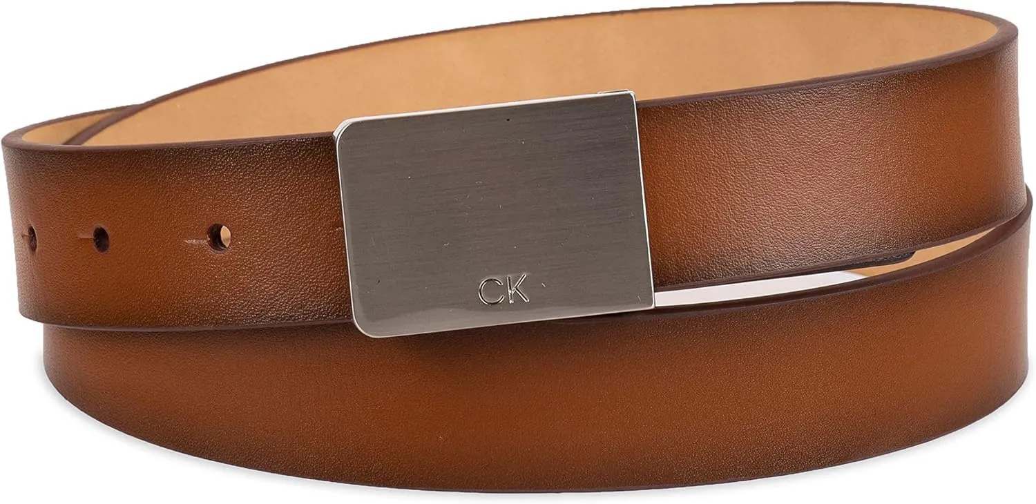 Calvin Klein Men's Casual Statement Plaque Buckle Belt with Logo Treatment