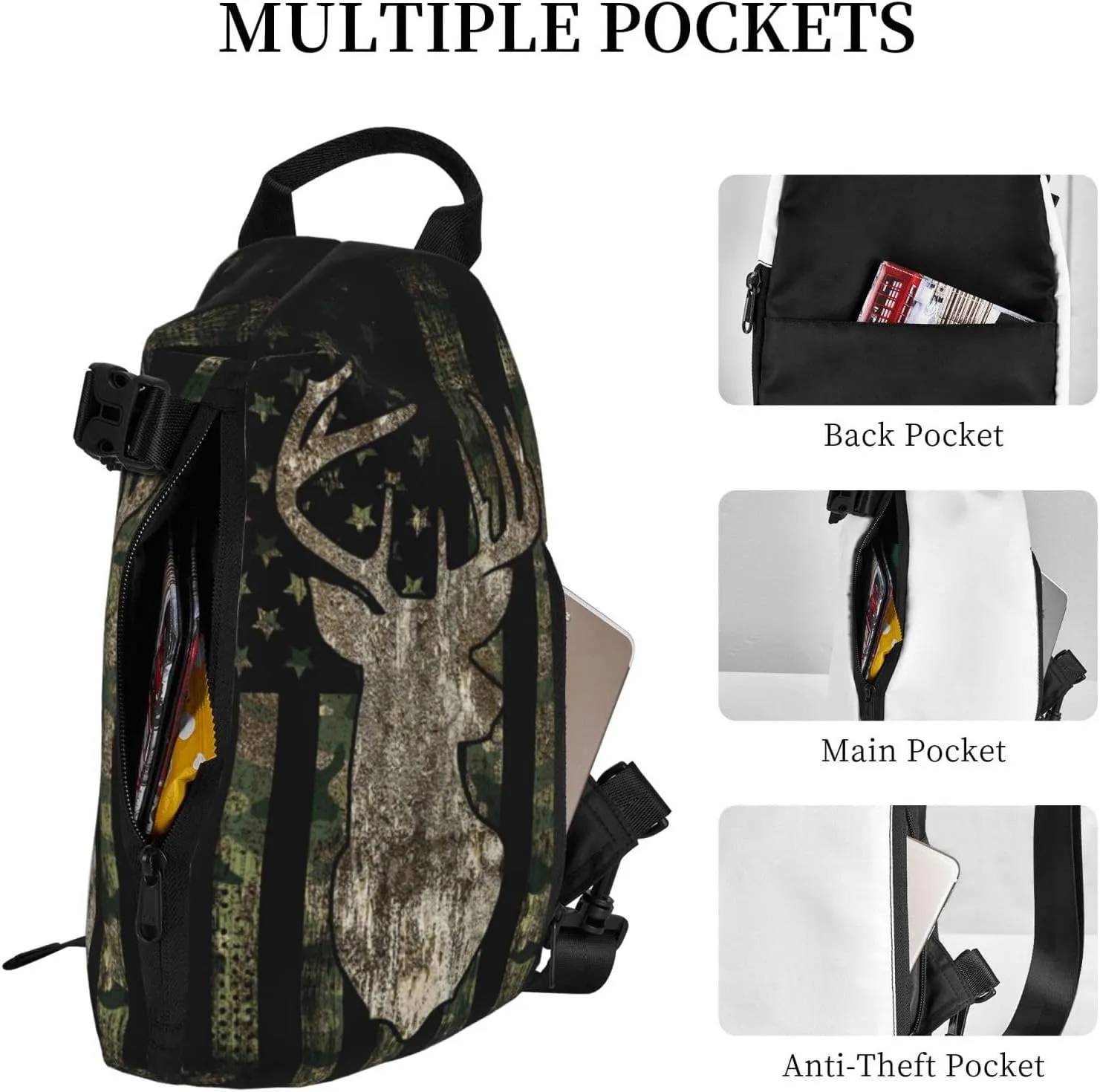 Camo Fanny Pack Camouflage sling Tool Bag Hunting Tactical Army American Flag Backpack Chest Shoulder Bag Travel Crossbody Daypack Hiking Gym Daily for Women Men