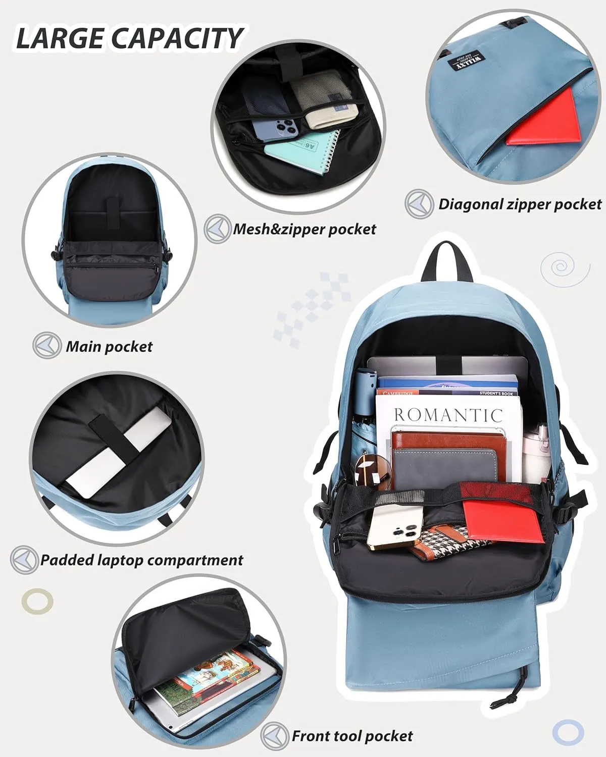 Caoroky knight College School Bag for Men Women Laptop Backpack 15.6 Inch Anti Theft Travel Daypack Large Elementary Middle High Bookbags for Teens Girls Boys Students-Medium,Grey