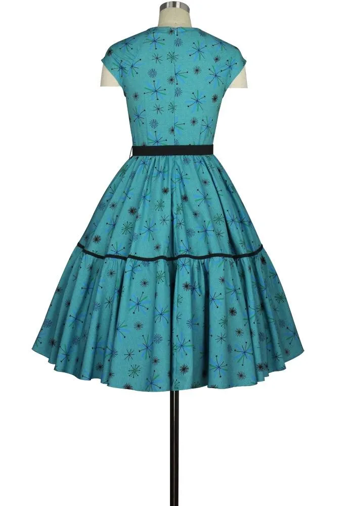 Cap Sleeve Retro Print Hidden Pocket Dress