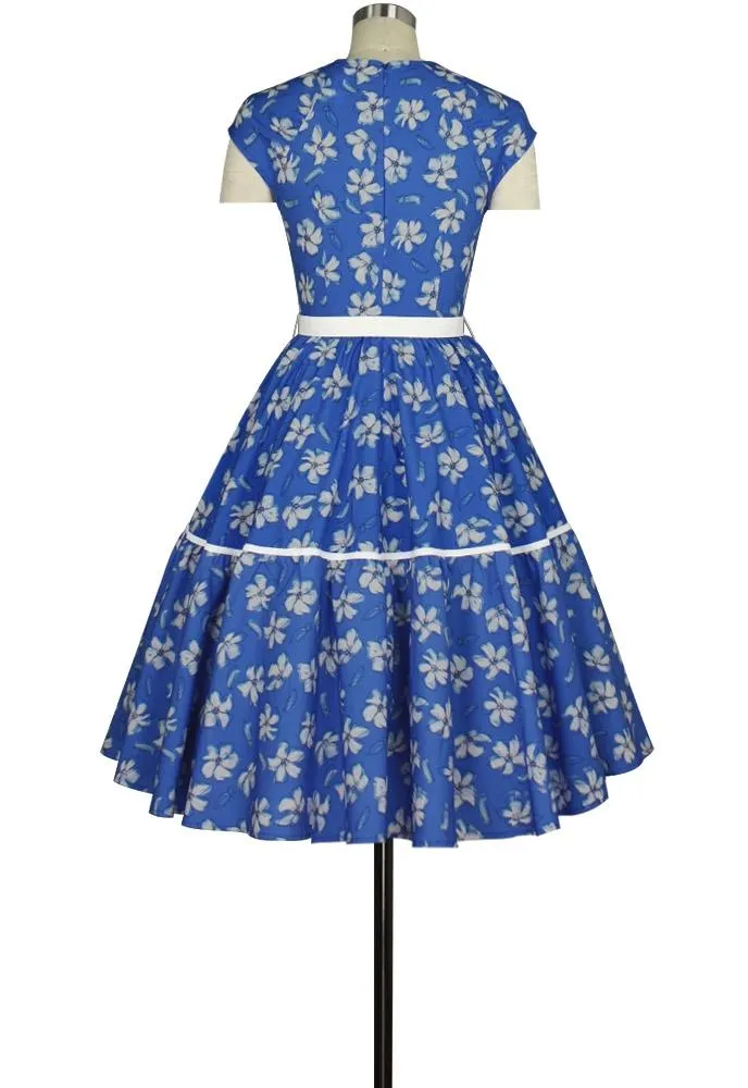Cap Sleeve Retro Print Hidden Pocket Dress