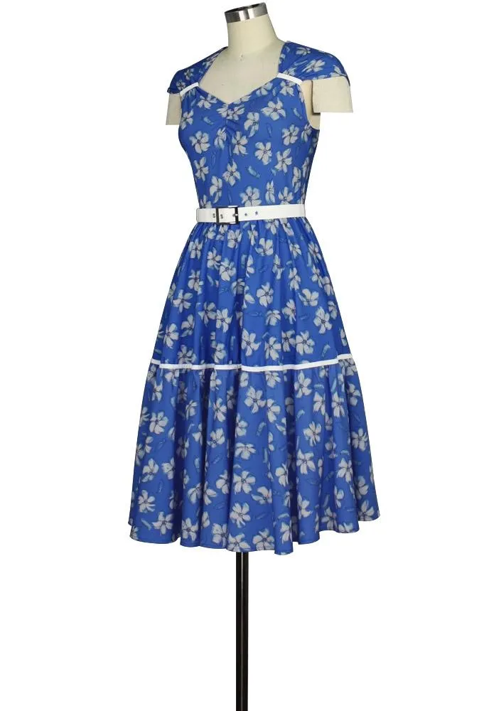 Cap Sleeve Retro Print Hidden Pocket Dress