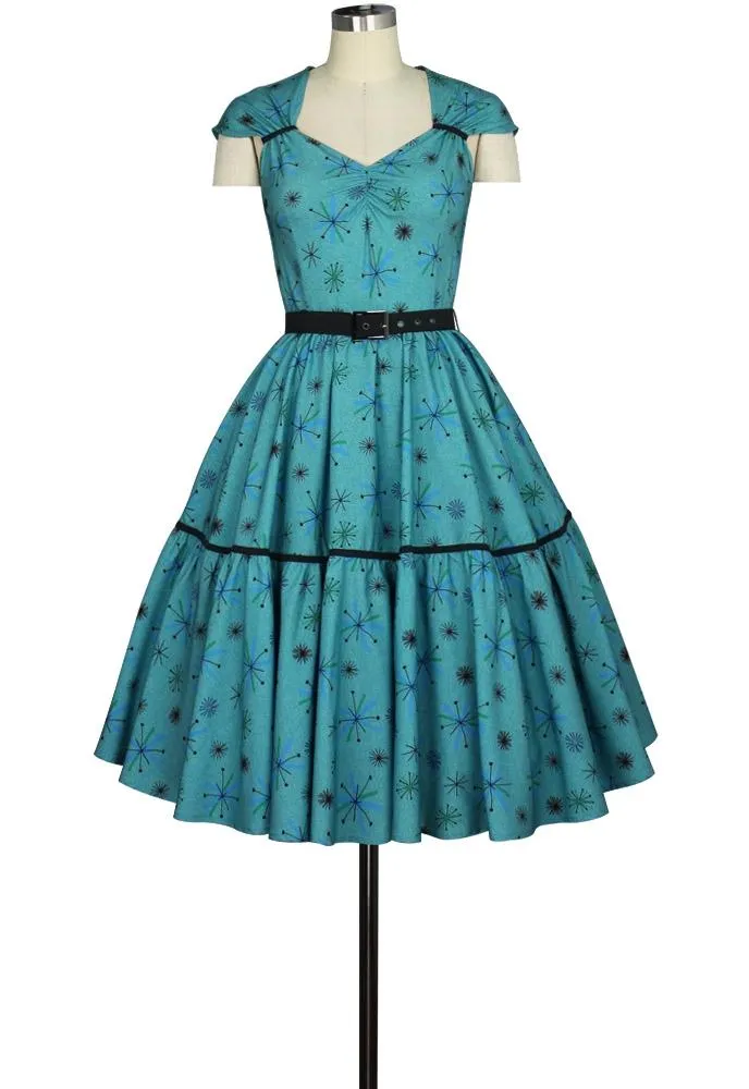 Cap Sleeve Retro Print Hidden Pocket Dress