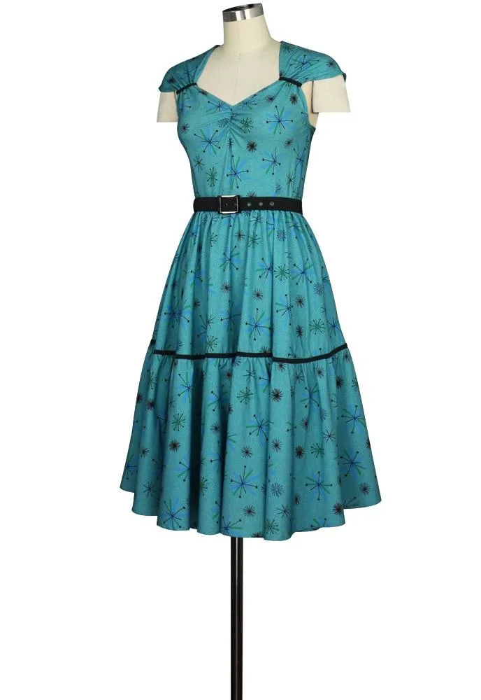 Cap Sleeve Retro Print Hidden Pocket Dress