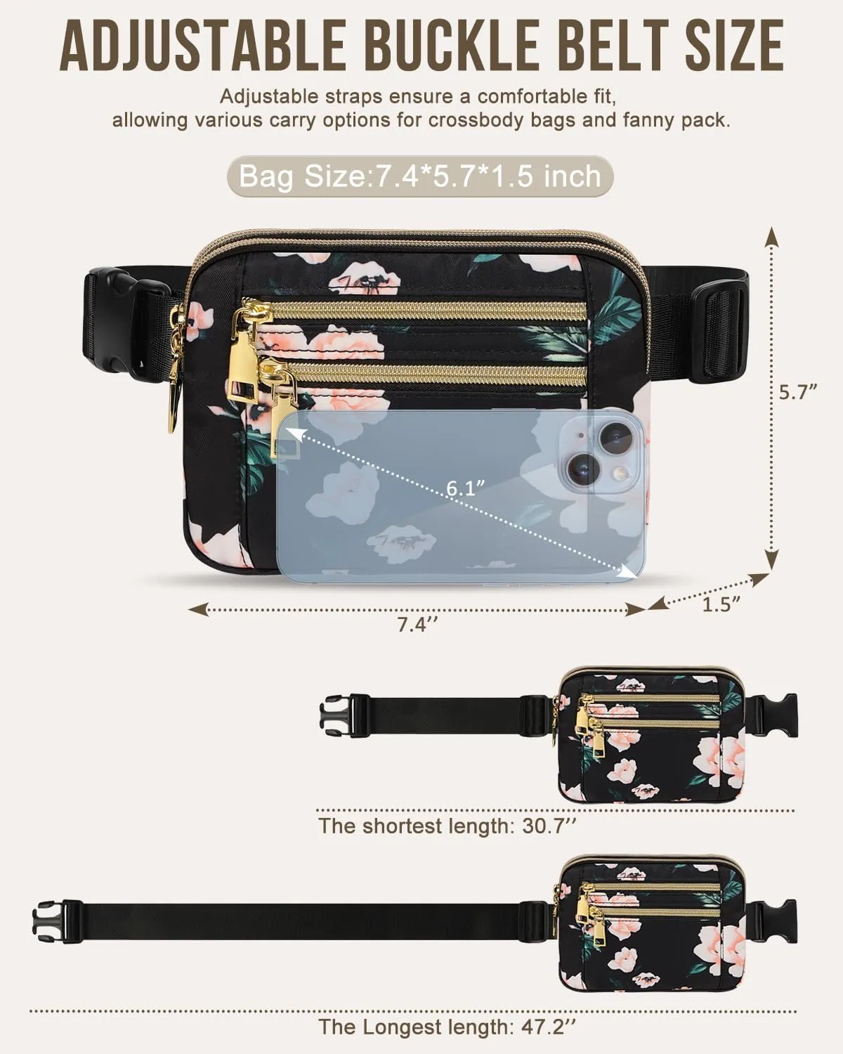 Capolo Fanny Packs for Women Fashion Waist Packs Bag with Adjustable Strap and 4 Zipper Pockets Waterproof Everywhere Crossbody Belt Bag for Workout Running Travelling(Black Flower)