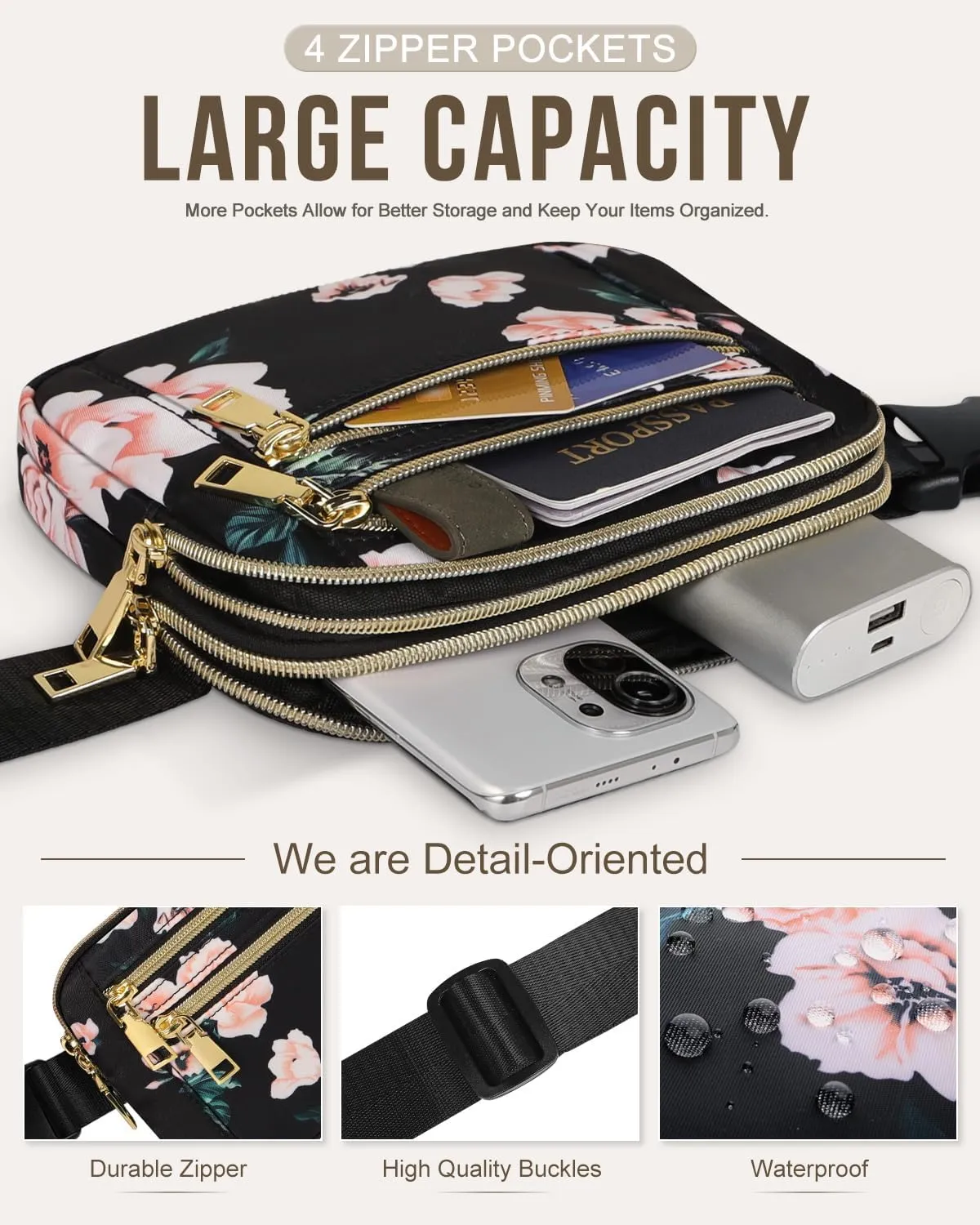 Capolo Fanny Packs for Women Fashion Waist Packs Bag with Adjustable Strap and 4 Zipper Pockets Waterproof Everywhere Crossbody Belt Bag for Workout Running Travelling(Black Flower)