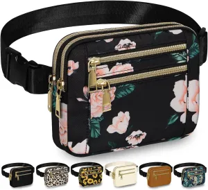 Capolo Fanny Packs for Women Fashion Waist Packs Bag with Adjustable Strap and 4 Zipper Pockets Waterproof Everywhere Crossbody Belt Bag for Workout Running Travelling(Black Flower)