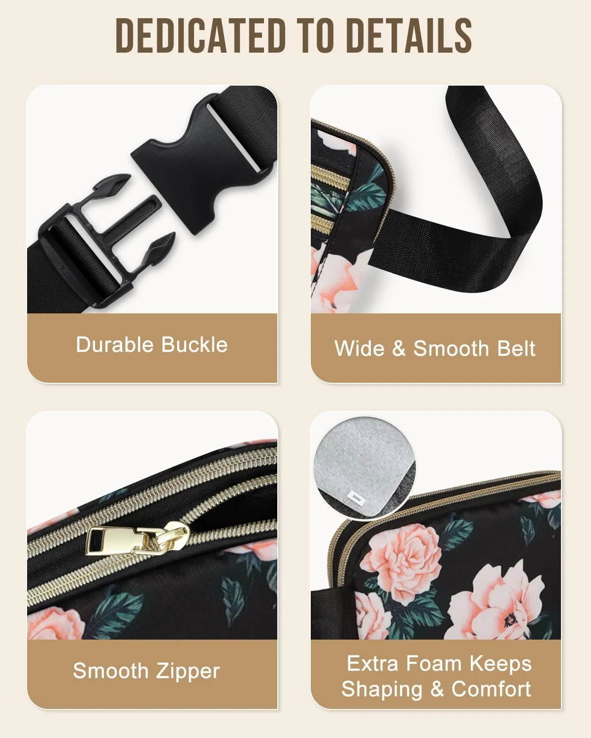 Capolo Fanny Packs for Women Fashion Waist Packs Bag with Adjustable Strap and 4 Zipper Pockets Waterproof Everywhere Crossbody Belt Bag for Workout Running Travelling(Black Flower)