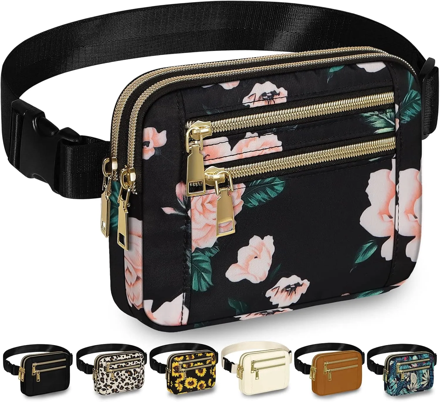 Capolo Fanny Packs for Women Fashion Waist Packs Bag with Adjustable Strap and 4 Zipper Pockets Waterproof Everywhere Crossbody Belt Bag for Workout Running Travelling(Black Flower)