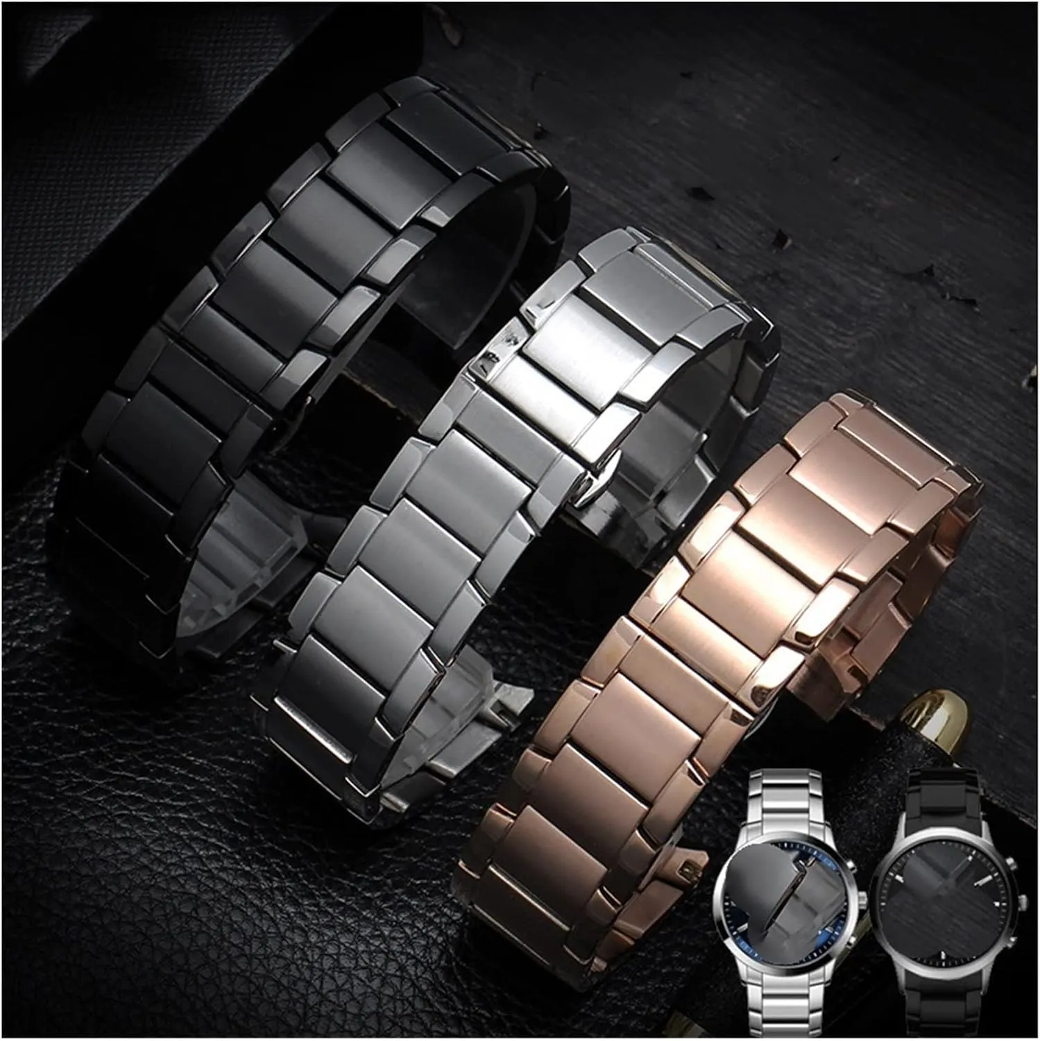 CAREG Watch Bands Stainless Steel Compatible With Armani AR2452 AR2453 AR2448 Watch Strap Watchband Butterfly Buckle Scrub Black Silver Rose Gold Durable