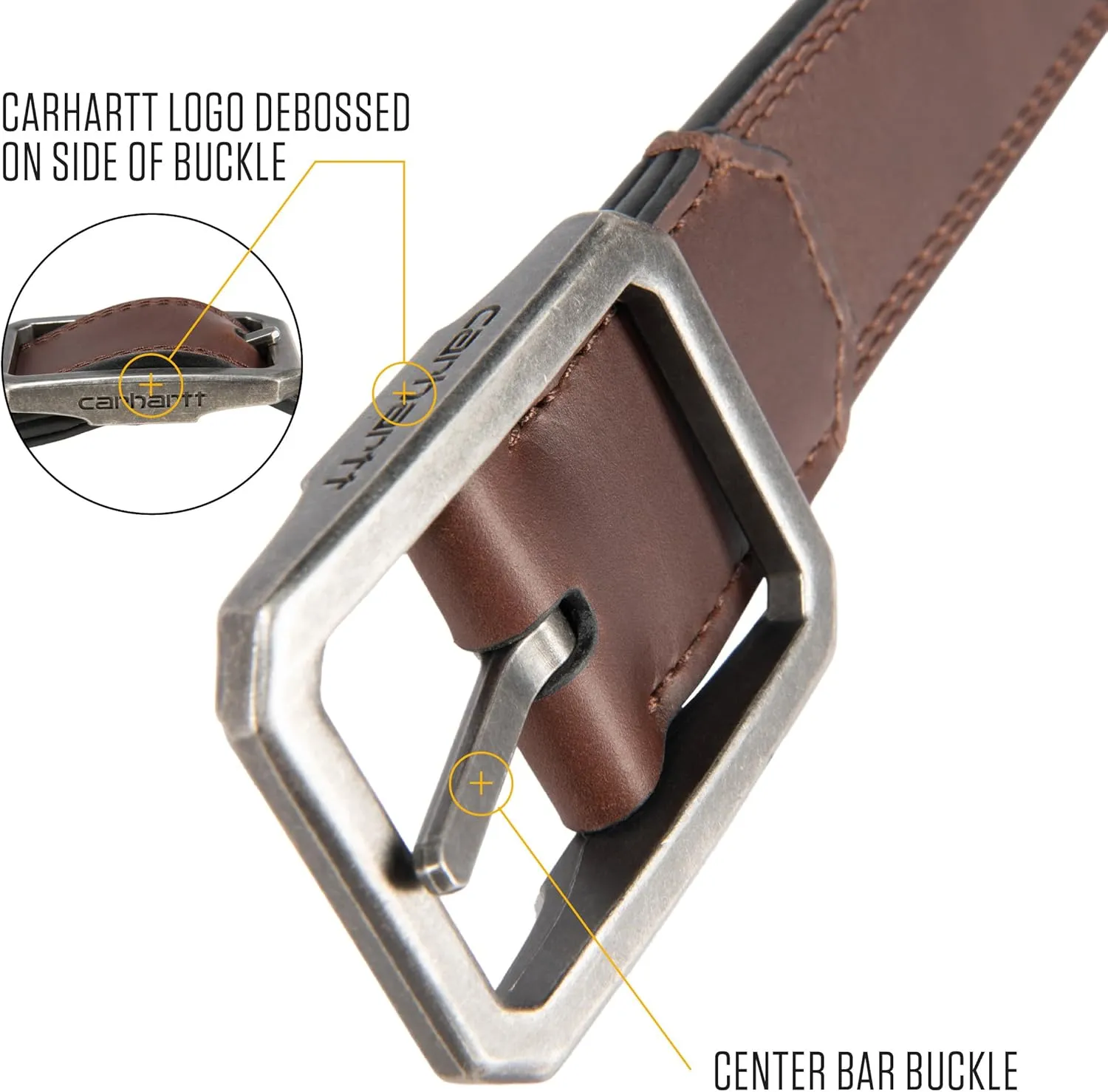 Carhartt mens Durable Full Grain Leather Reversible Center Bar Buckle Belt, W/Rugged Antique Nickle Hardware