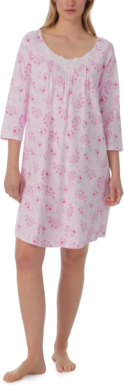 Carole Hochman Pajamas for Women Nightgown - Floral Cotton Knit Lightweight 38" 3/4 Sleeve Sleep Dress