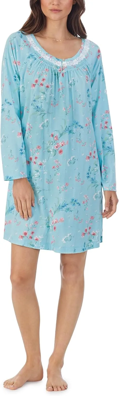 Carole Hochman Women's 100% Cotton Long Sleeve Short Nightgown – Floral Lace, Smocking, Side Slits, 36'' Length