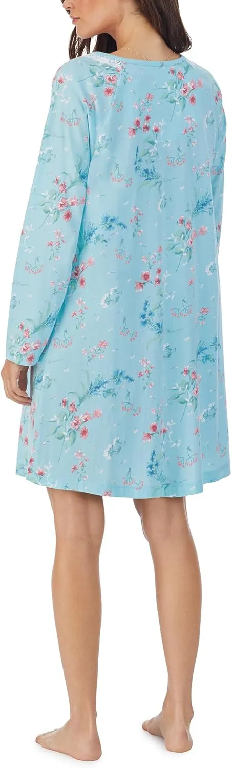 Carole Hochman Women's 100% Cotton Long Sleeve Short Nightgown – Floral Lace, Smocking, Side Slits, 36'' Length