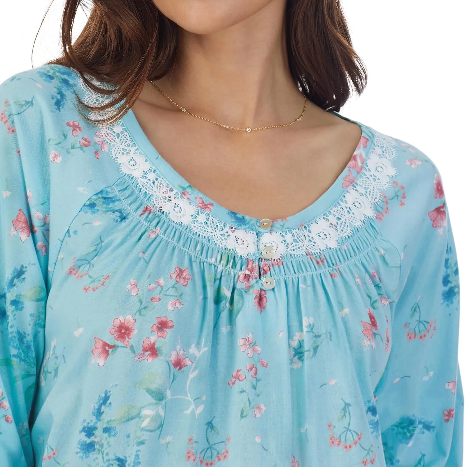 Carole Hochman Women's 100% Cotton Long Sleeve Short Nightgown – Floral Lace, Smocking, Side Slits, 36'' Length