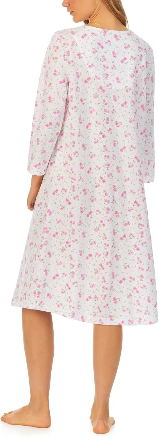 Carole Hochman Women's 100% Cotton Waltz Gown – Lace V-Neck, Akoya Button Placket, 3/4 Sleeves, 42'' Length with Side Slits