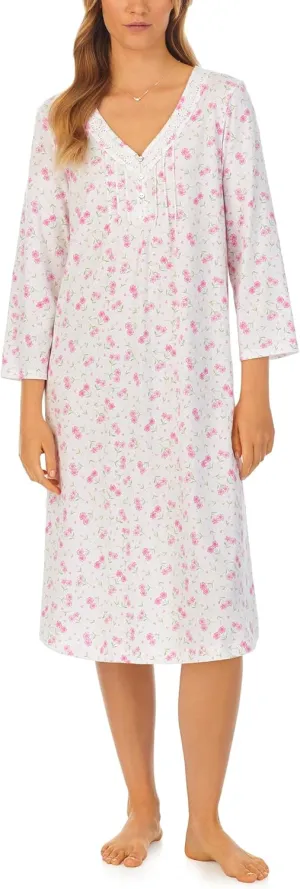 Carole Hochman Women's 100% Cotton Waltz Gown – Lace V-Neck, Akoya Button Placket, 3/4 Sleeves, 42'' Length with Side Slits