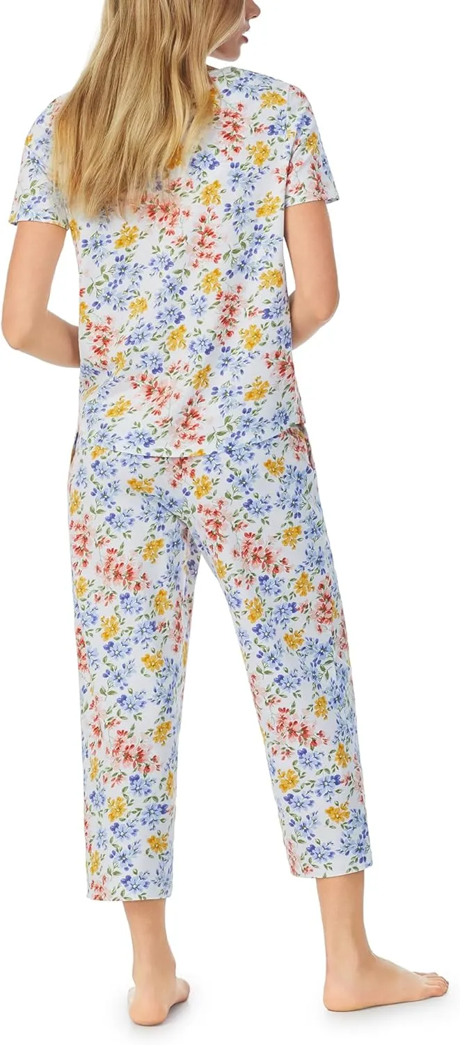 Carole Hochman Women's 2pc Cotton Short Sleeve & Capri Pajama Set – V-Neck, Lace Detail, Adjustable Drawstring, Side Pockets