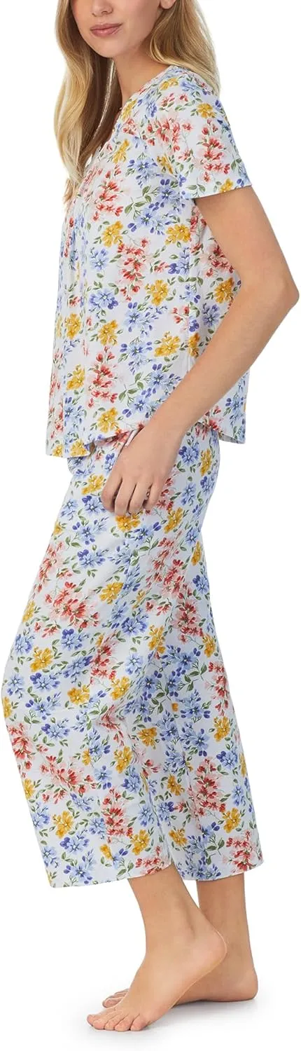 Carole Hochman Women's 2pc Cotton Short Sleeve & Capri Pajama Set – V-Neck, Lace Detail, Adjustable Drawstring, Side Pockets