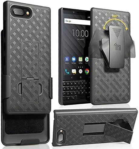 Case with Clip for BlackBerry KEY2, Nakedcellphone Black Kickstand Cover with [Rotating/Ratchet] Belt Hip Holster Combo for BlackBerry KEY2 Phone, Key 2 (BBF100-1, BBF100-6)