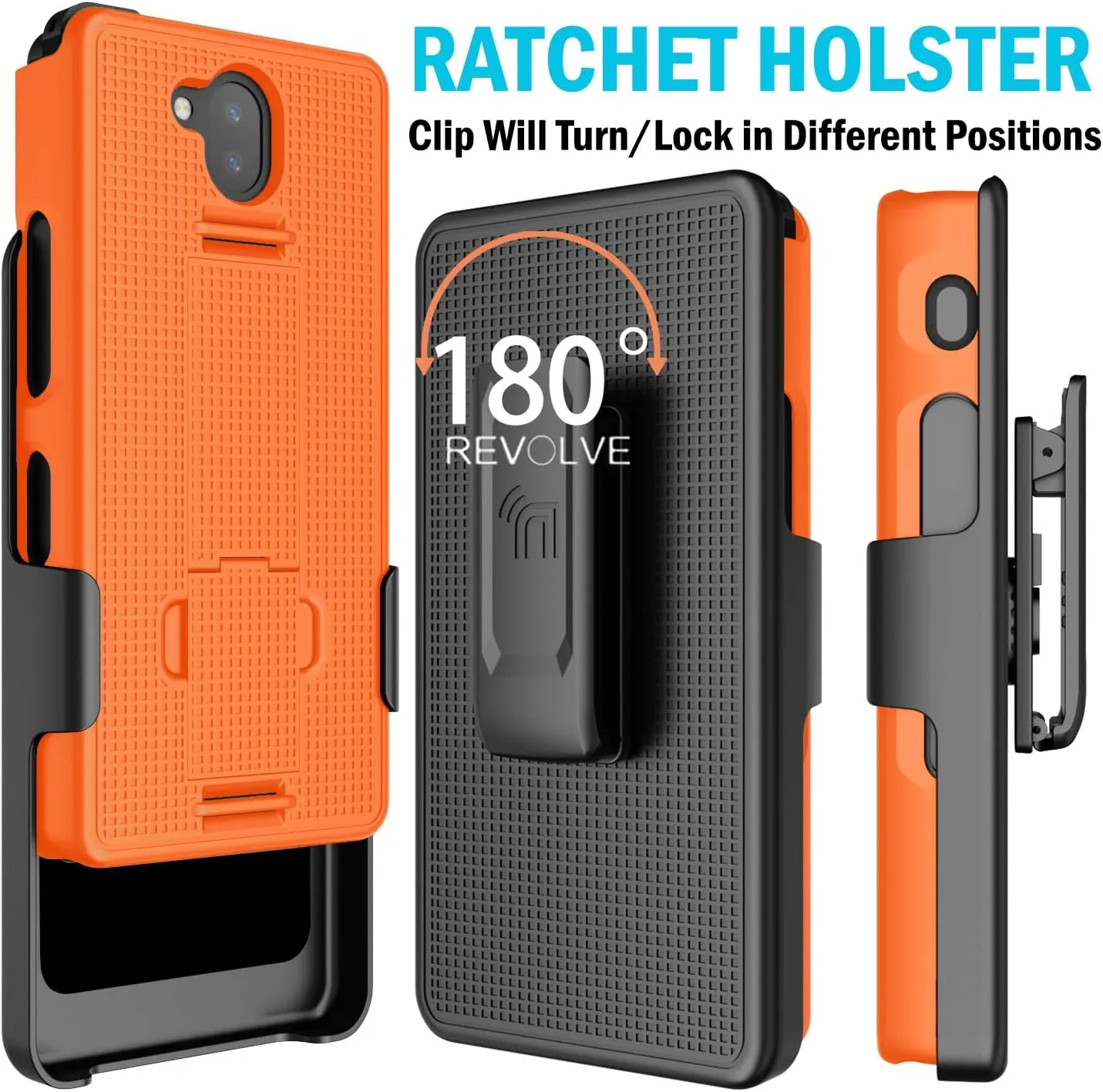 Case with Clip for Sonim XP10 5G, Nakedcellphone Slim Hard Shell Phone Cover with Kickstand and [Rotating/Ratchet] Belt Hip Holster Combo for XP9900 (2022) - Bright Orange