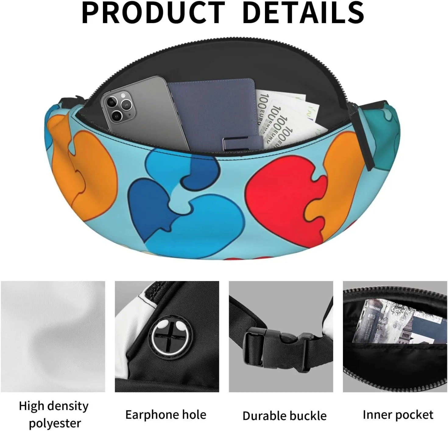 Casual Autism Awareness Puzzle Pieces Heart Printed Fanny Pack,Crossbody Fanny packs for women Men Waist Bag for Running Travel