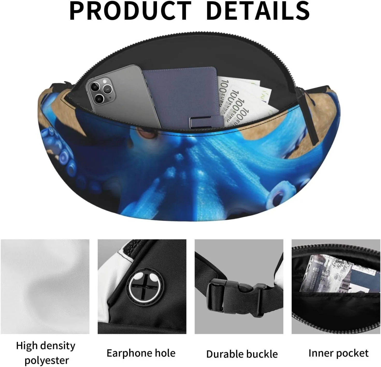 Casual Blue Octopus Printed Fanny Pack,Crossbody Fanny packs for women Men Waist Bag for Running Travel