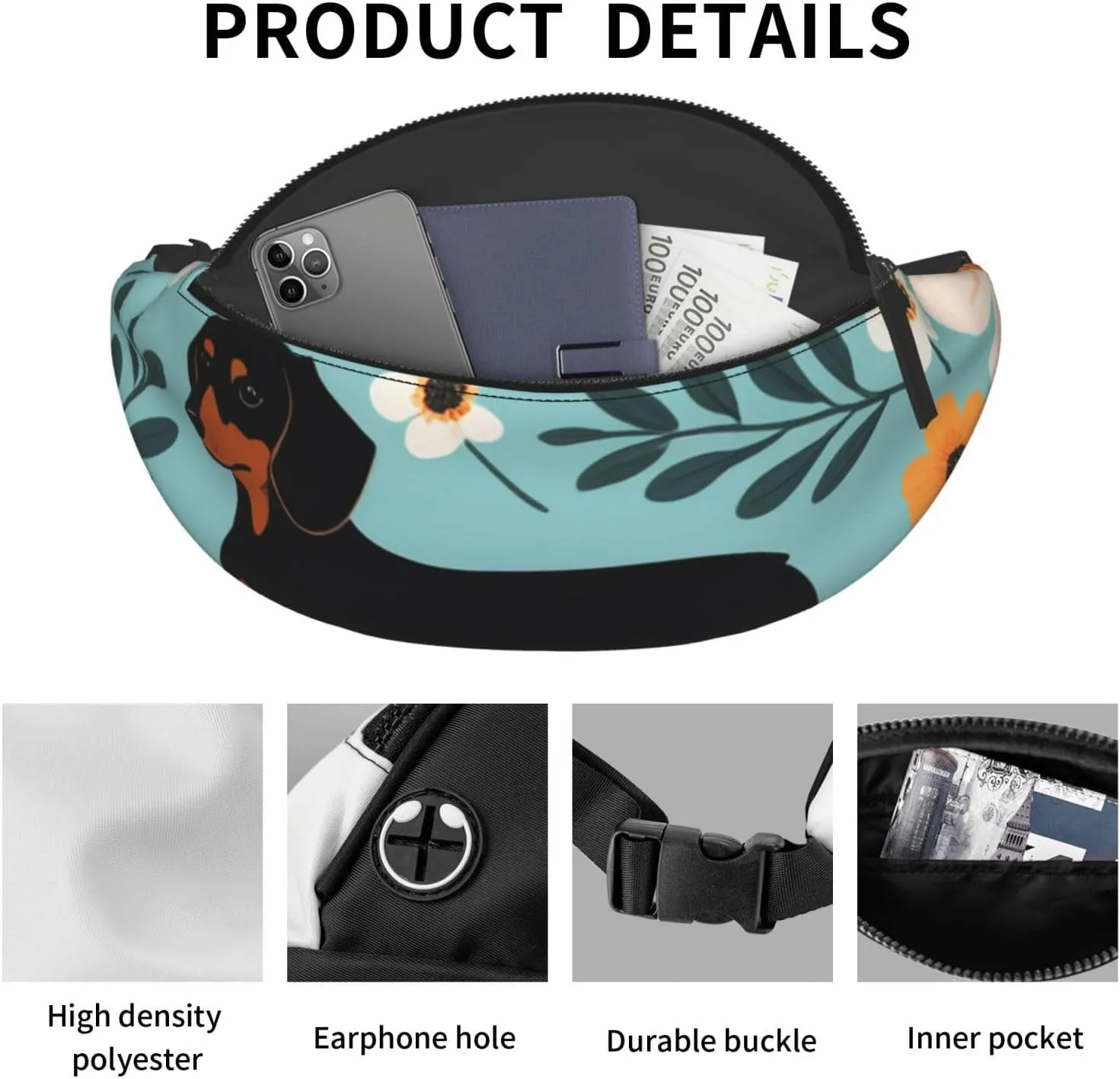 Casual Dachshund Floral Printed Fanny Pack,Crossbody Fanny packs for women Men Waist Bag for Running Travel