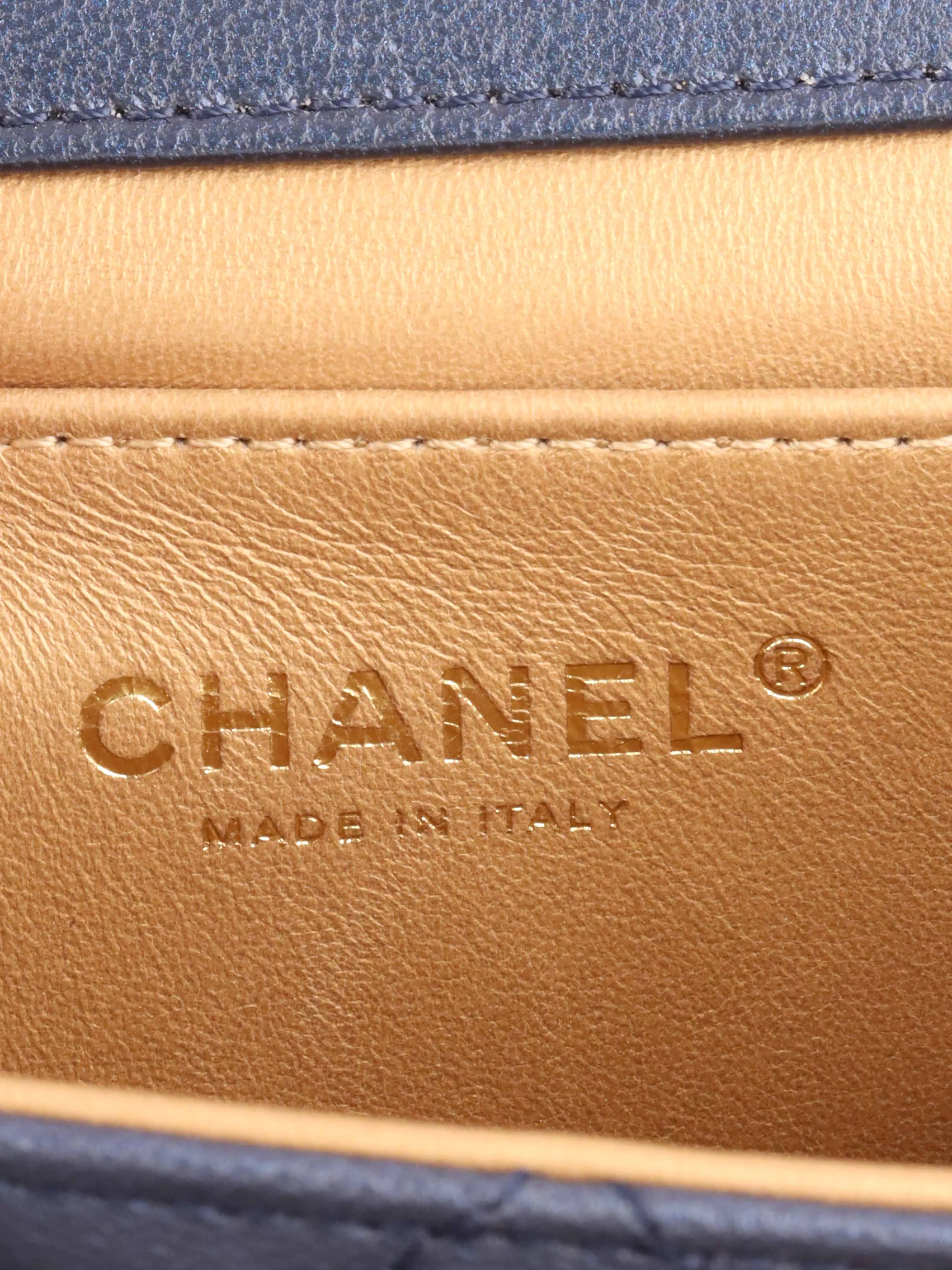 Chanel Navy Iridescent Flap Bag with Pearls.