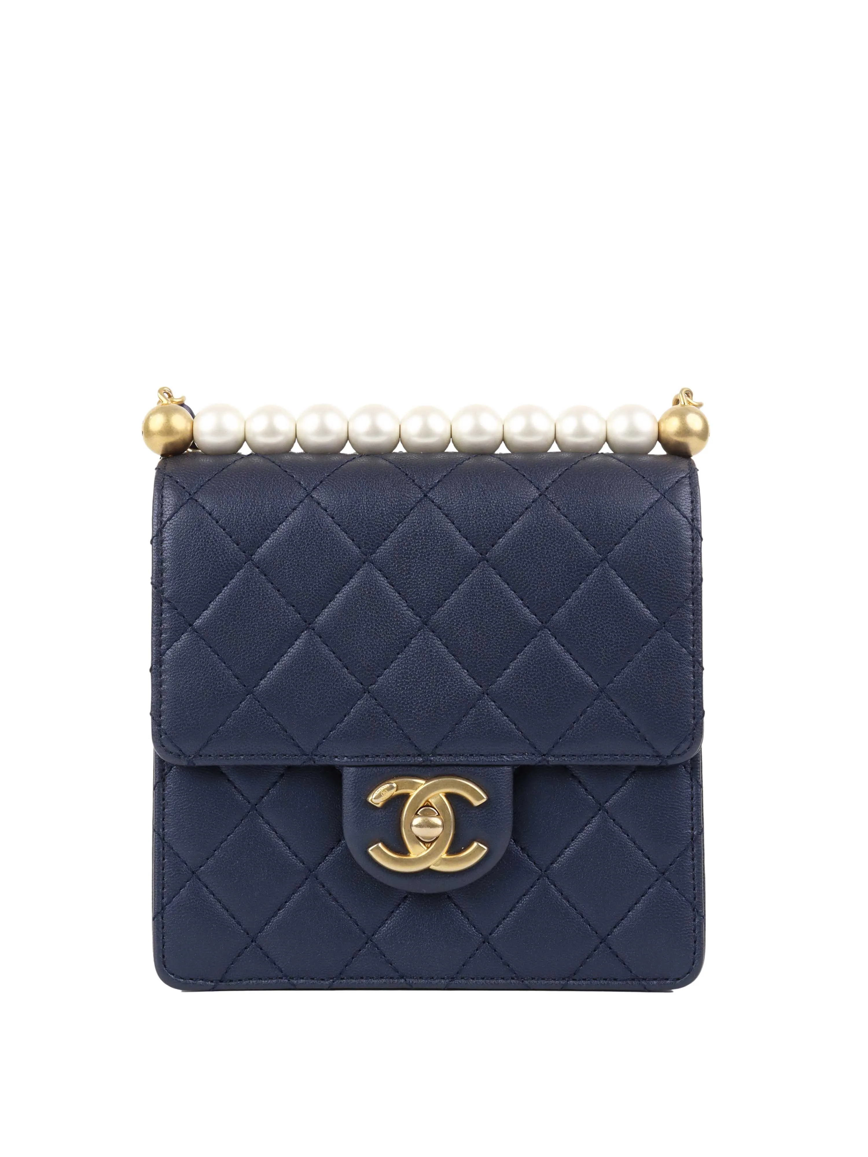Chanel Navy Iridescent Flap Bag with Pearls.