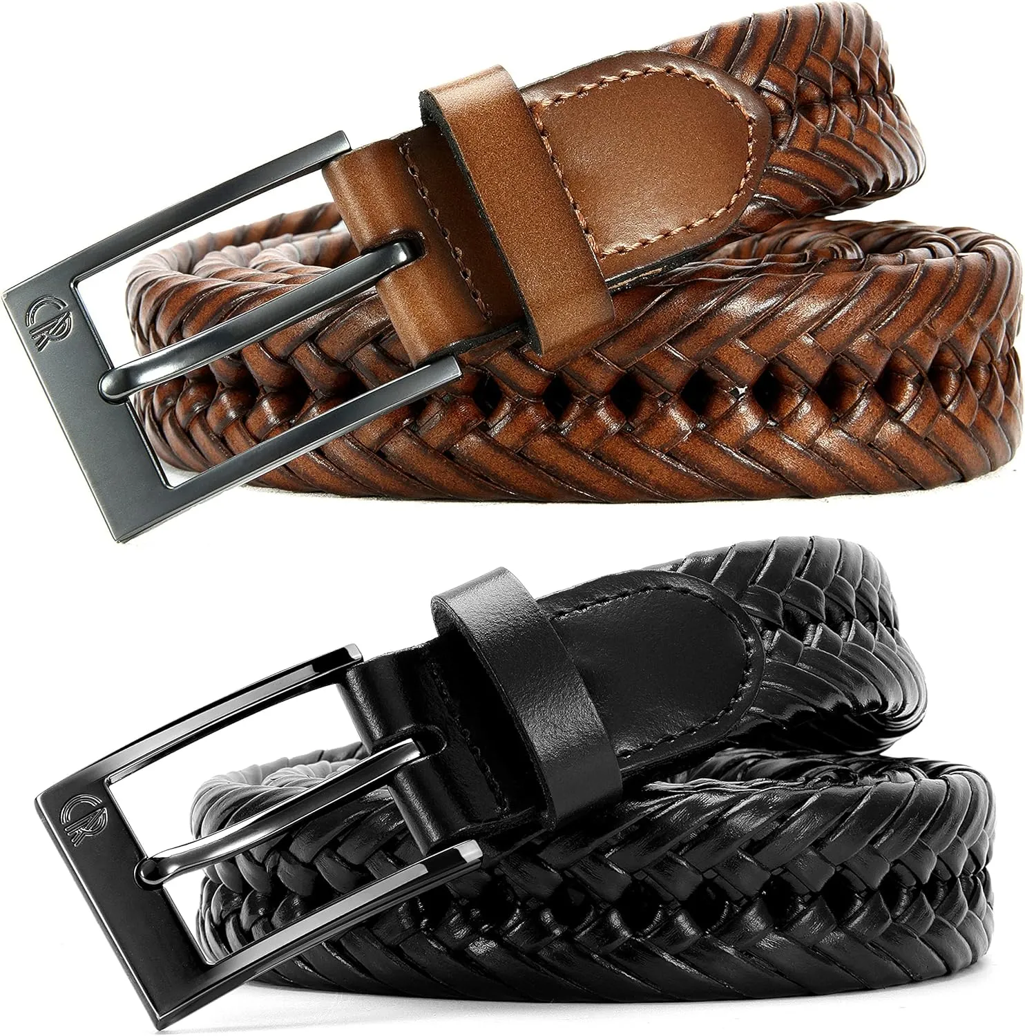 CHAOREN Leather Braided Belts for Men 2 Pack - 1 1/8" Leather Belts in Package Box - Versatile Style Solution