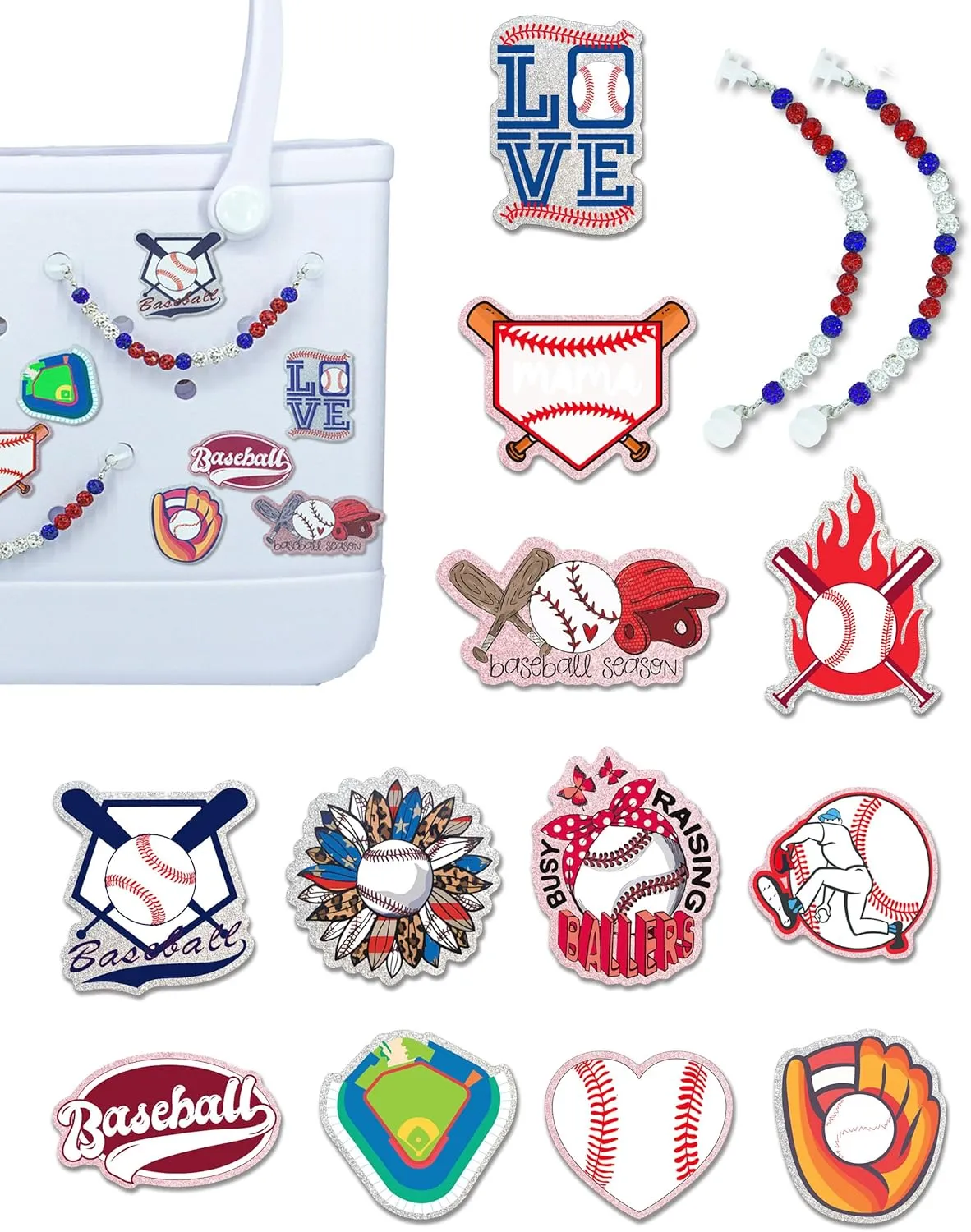 Charms for Bogg Bag, Insert Acrylic Baseball Charms and Rhinestone Clay Beaded for Bogg Bag Accessories Compatible with Simply Southern Beach Tote, Insert for Beach Tote