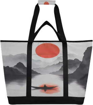 Chinese Style Ink Painting Reusable Insulated Lunchbox Cooler Bag, Leakproof Kitchen Grocery Bag Collapsible Portable Cooler Tote Bag for Picnic, Camping, Office, Travel
