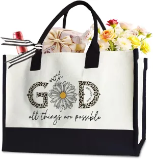 Christian Gifts Tote Bag for Women, Christian Faith, Jesus God Tote Bag for Her, With God All Things Are Possible, 17 x 11.8 x 7 Inches
