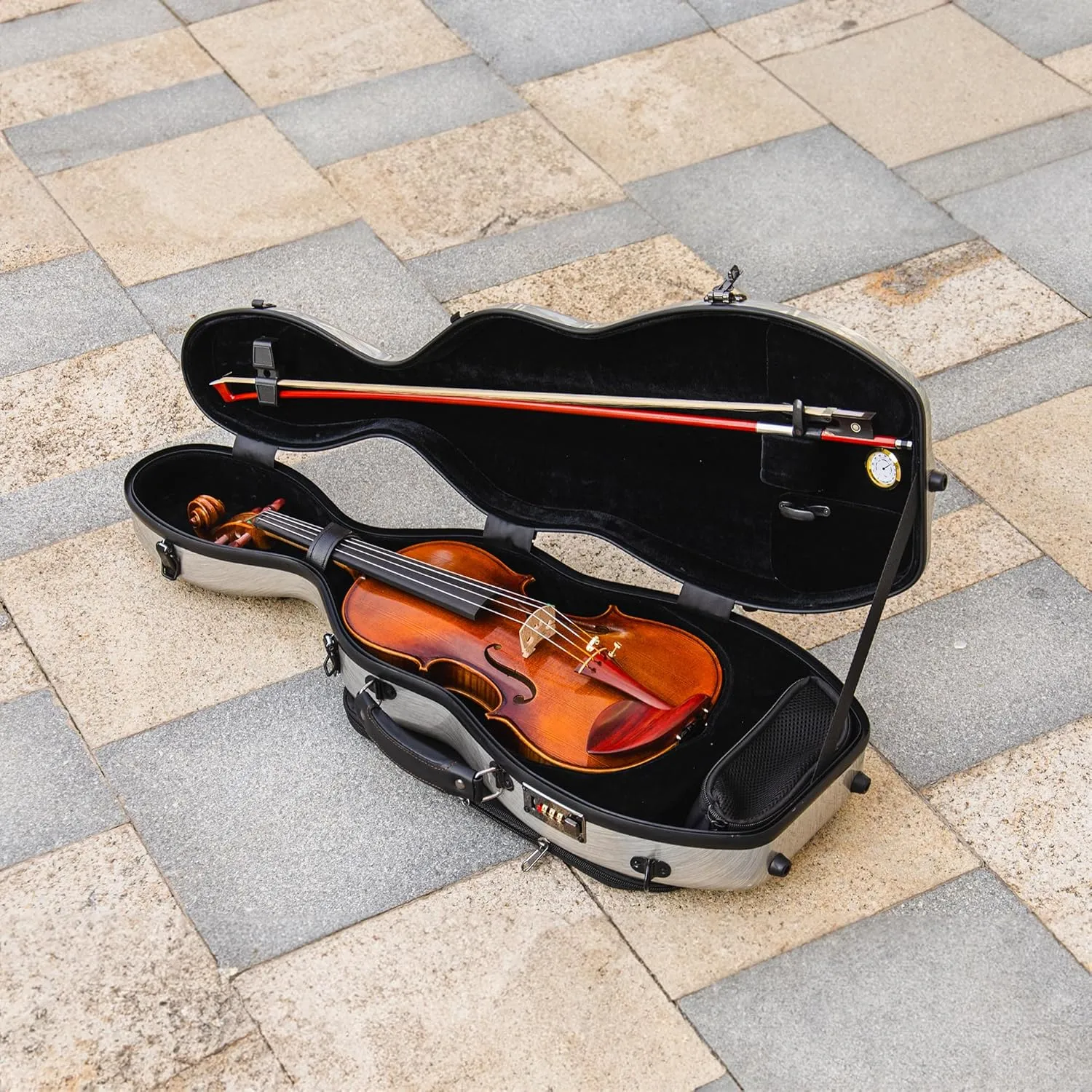 Christina violin case 4/4 Full Size Violin case High-Strength Carbon Fiber Pear-Shaped Violin Music Bag With Combination Lock and Extra Bag Gray Violin Hard Case (VB-Random type-SilveryGray spot)