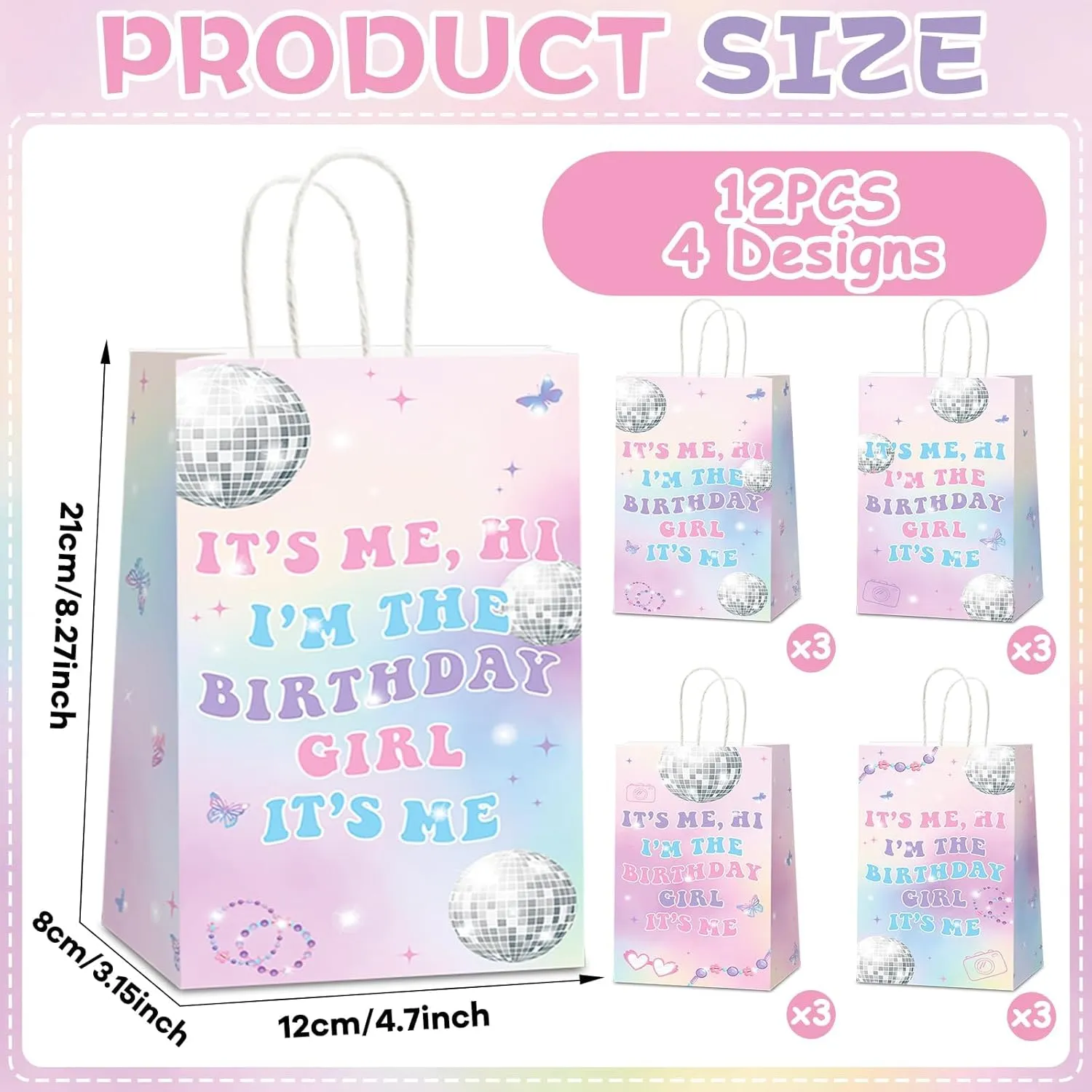 CHUNNIN 12Pcs Music Birthday Party Paper Bags Popular Music Party Goodies Bags with Handles, Double Sided Hi Im the Birthday Girl Gift Bags for Bachelorette Music Theme Party Favors