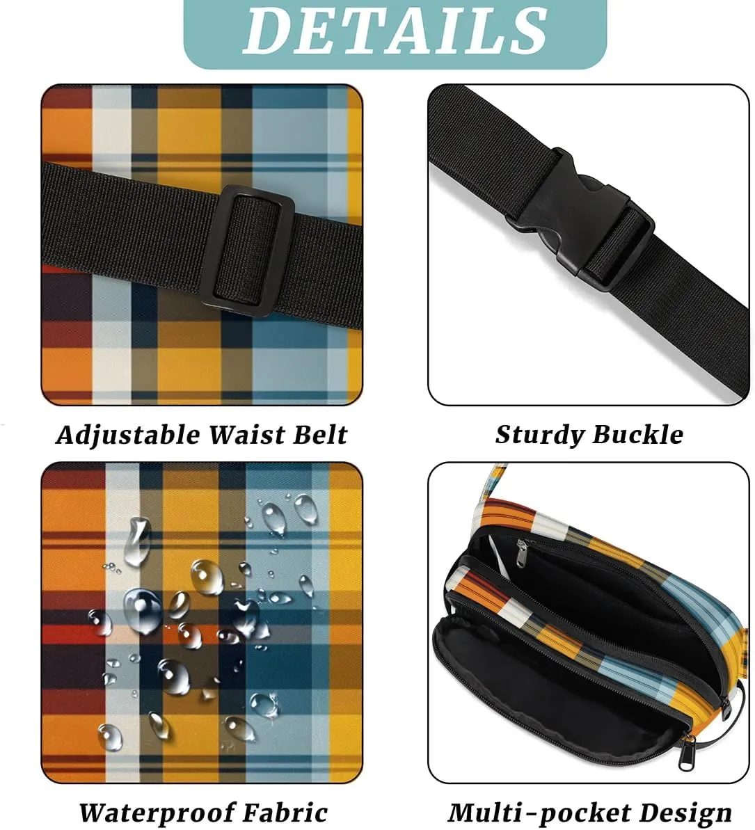 Classic Plaid Print Men's and Women's Waist Pack Crossbody Square Pattern Waist Pack Running Strap, Adjustable Shoulder Strap - For Hiking and Running Exercise Fitness