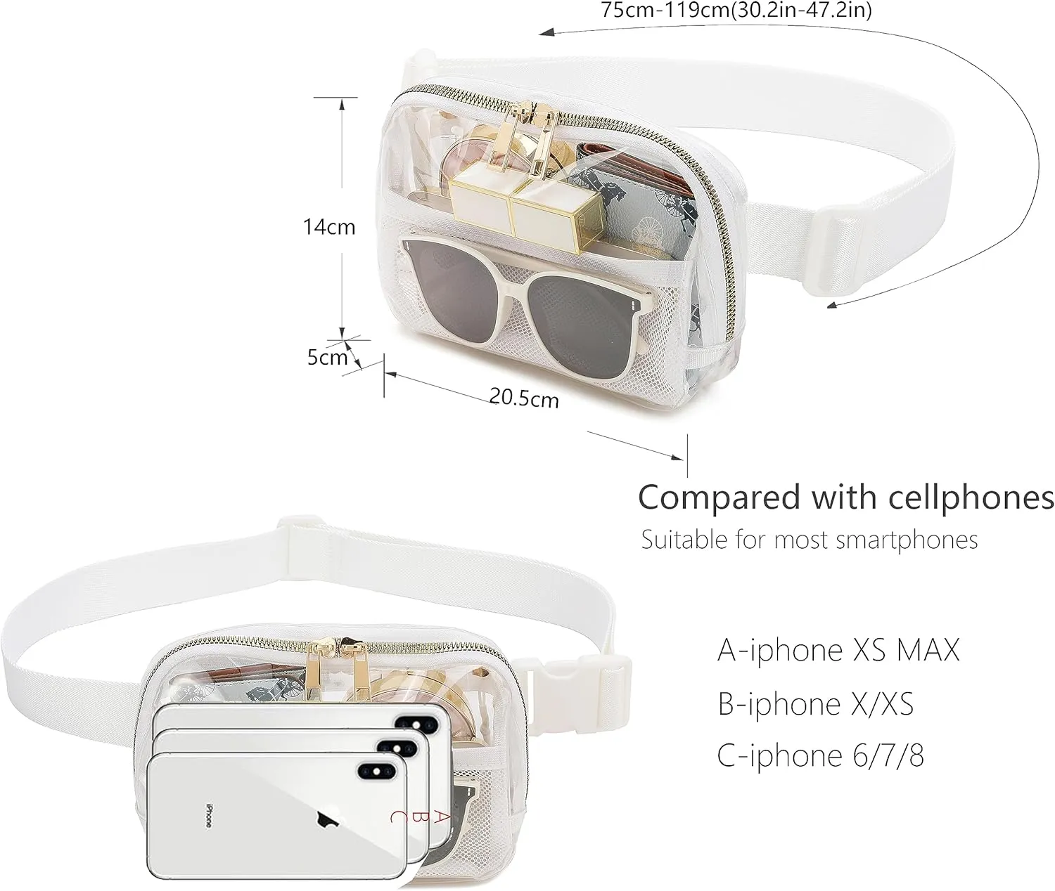 Clear Belt Bag with Adjustable Strap Crossbody Waist Bag for Workout Shopping Travelling Hiking (WHITE)