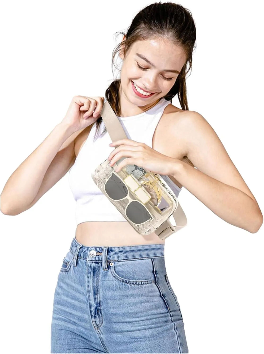 Clear Fanny Pack Belt Bag Stadium Approved for Women Men with Adjustable Strap Water-resistant Waist bag Clear Purse for Travel Workout Running Hiking(Beige)