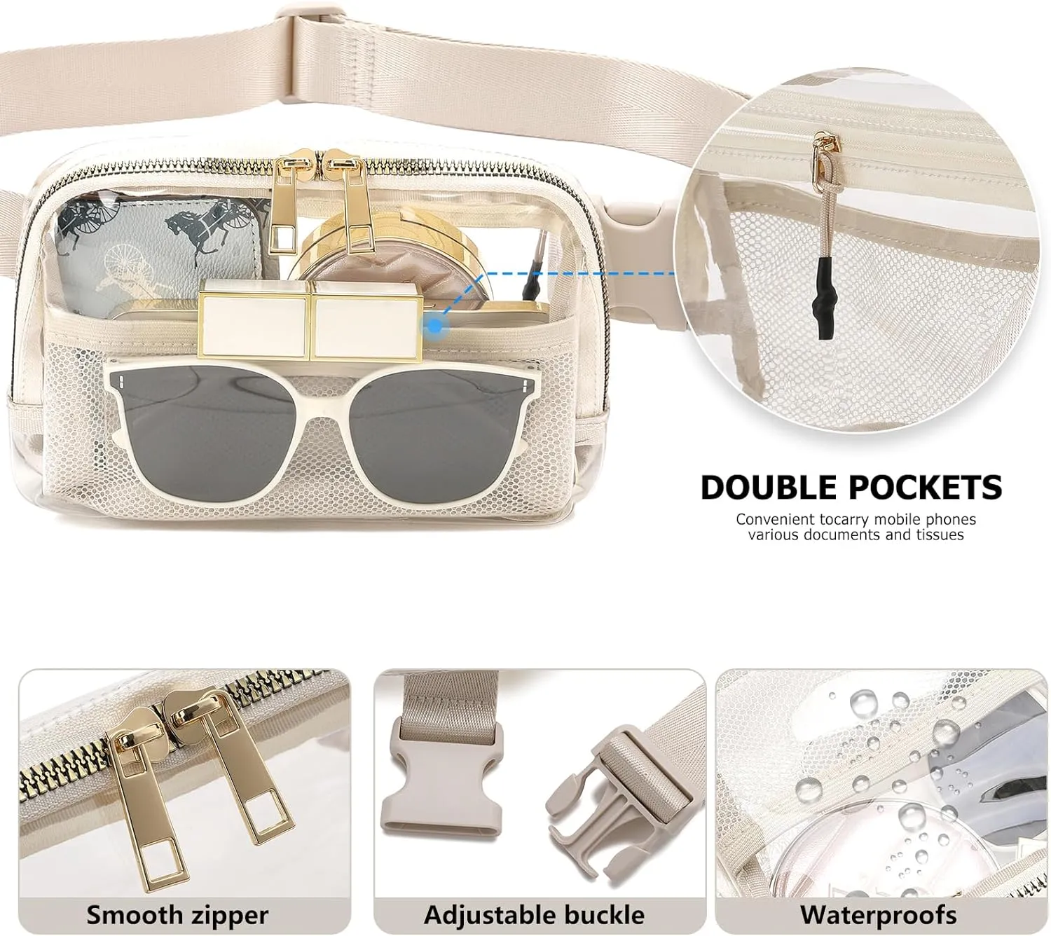 Clear Fanny Pack Belt Bag Stadium Approved for Women Men with Adjustable Strap Water-resistant Waist bag Clear Purse for Travel Workout Running Hiking(Beige)