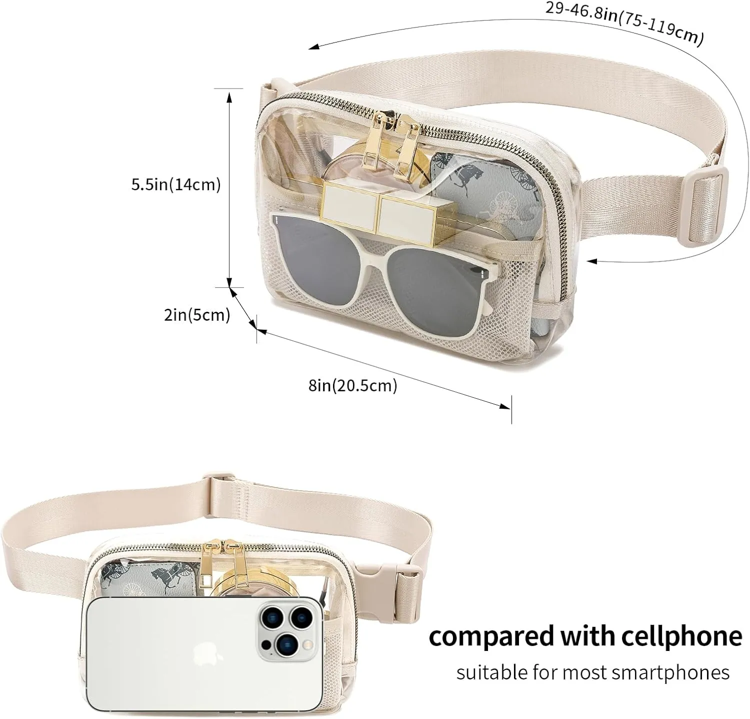 Clear Fanny Pack Belt Bag Stadium Approved for Women Men with Adjustable Strap Water-resistant Waist bag Clear Purse for Travel Workout Running Hiking(Beige)