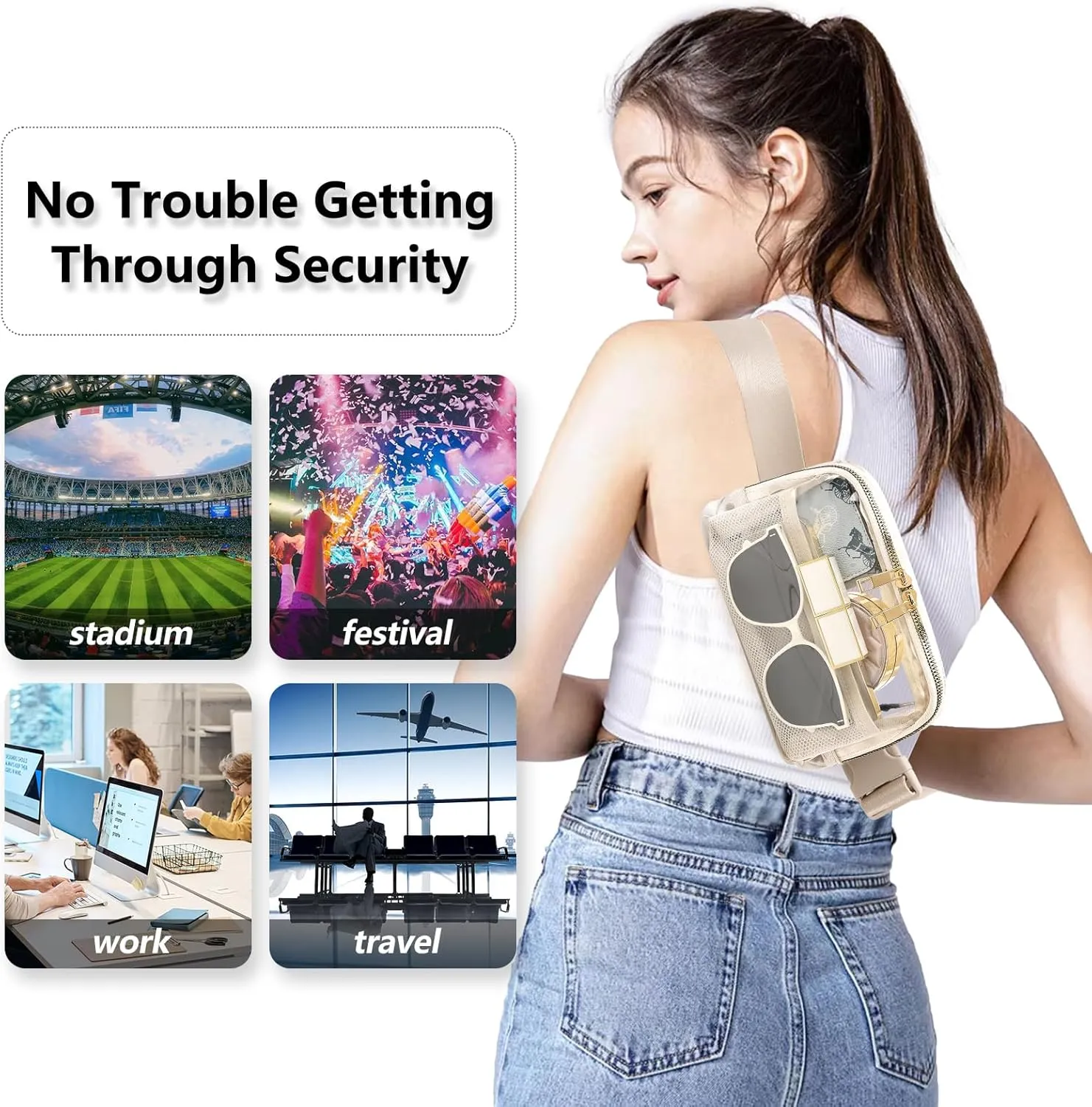 Clear Fanny Pack Belt Bag Stadium Approved for Women Men with Adjustable Strap Water-resistant Waist bag Clear Purse for Travel Workout Running Hiking(Beige)